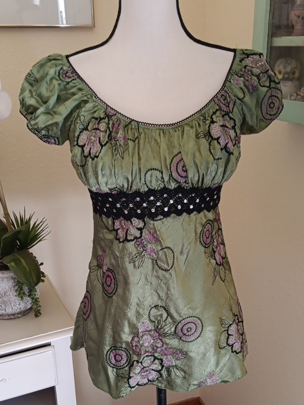 Heart Soul Olive Green Satin Top with Black Lace and Pink Floral Embroidery. Y2K